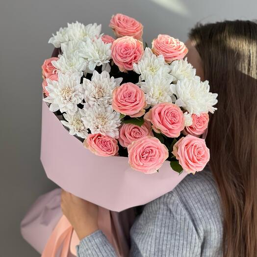 Delicate persistent bouquet with chrysanthemum and bush roses