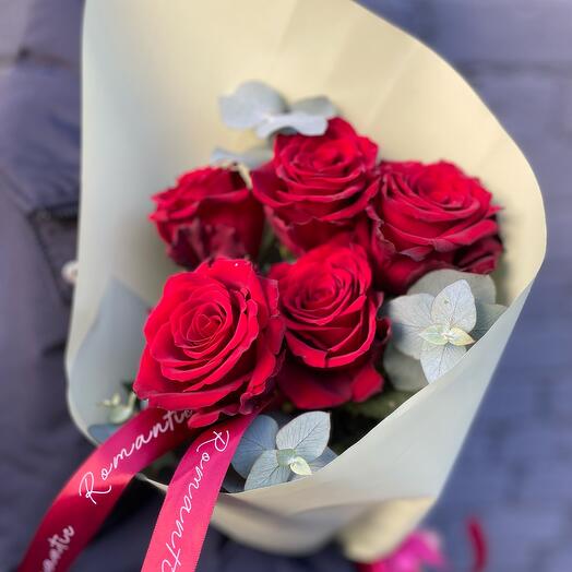 5 red roses with eucalyptus