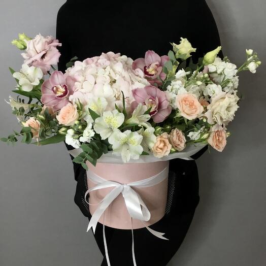 Composition with orchids, hydrangea, eustoma, alstroemeria, bush rose "All about love"