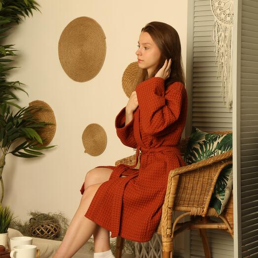 Халат вафельный, банный, хлопок, терракот