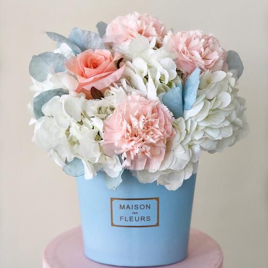 Flowers in a box "Monica" with hydrangea, peony rose and dianthus