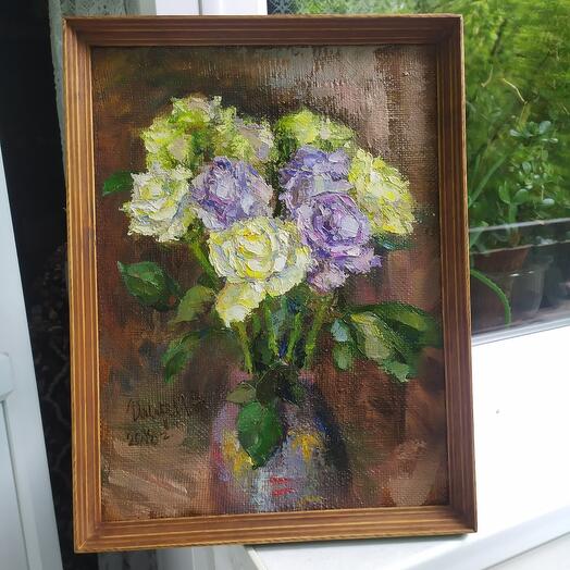 Rosas blancas y malvas, flores, naturaleza, naturaleza muerta, pintura Al óleo, lienzo, óleo