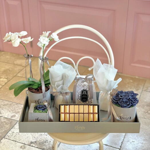 Luxury Grey Gift Tray with Orchids perfume Preserved rose candle chocolates
