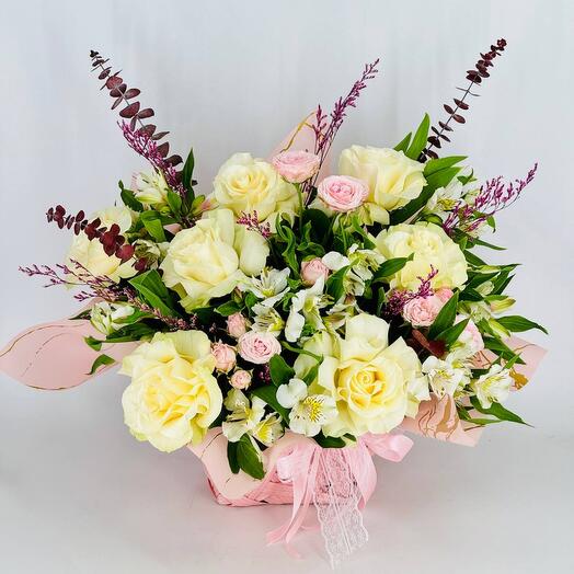 Basket of flowers with French roses