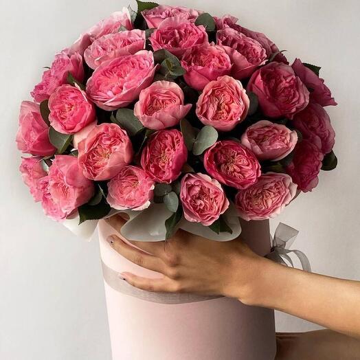 Peony rose and eucalyptus in a hat box