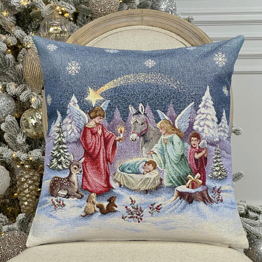 Funda de Cojin Decorativo Navidena, Doble Cara 47 x 47 cm, 1 Ud, (Misterio de Navidad con Angeles) Lurex Plateado