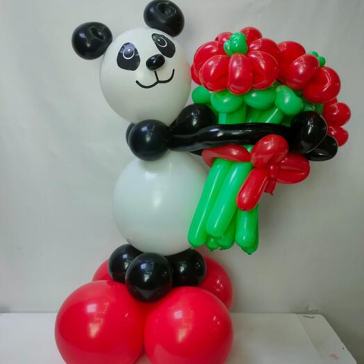 Panda with a bouquet of flowers