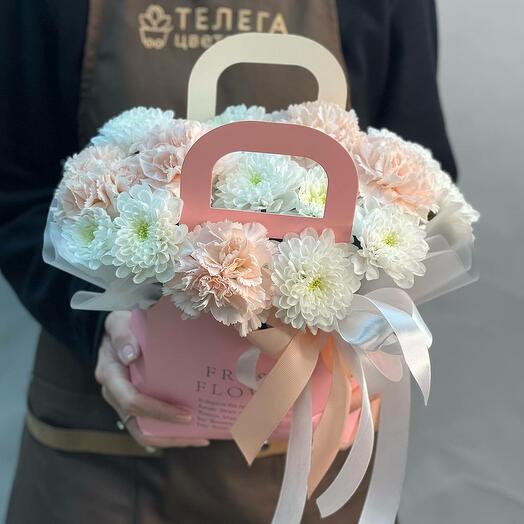 Crisantemo arbusto y Dianthus en un bolso
