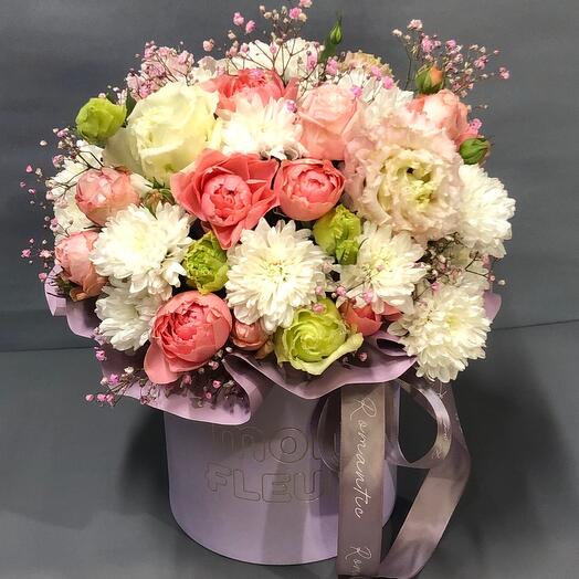 Flowers in a box with a peony rose