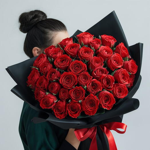 Valentines Day 59 Premium Red Roses Black Wrapped Bouquet