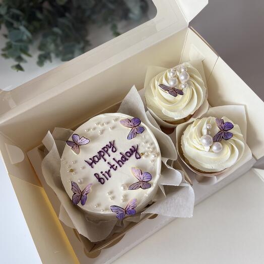Бенто и 2 Капкейка happy birthday c нежными бабочками