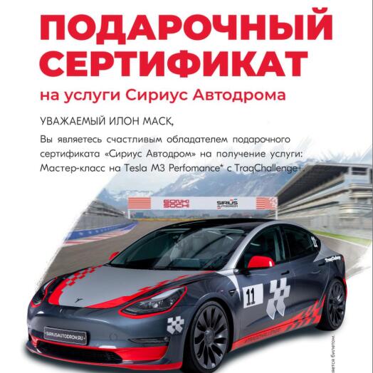 [Электронный сертификат] Мастер-класс на Tesla M3 Perfomance на СириусАвтодроме с TraqChallenge+