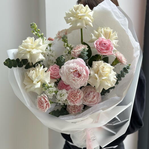 Fragrant bouquet with French roses and peonies