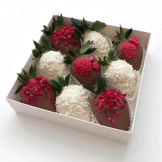 Клубника в белом и молочном бельгийском шоколаде с кокосовой стружкой и сублимированной малиной набор 05/9