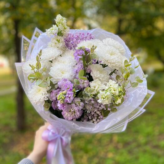 Воздушный🌿💜 Букет с маттиолой и хризантемой