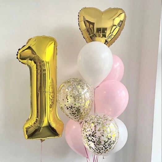 Цифра 1 золото и фонтан шаров