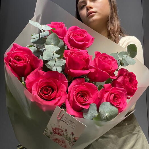 Яркие розовые Розы Пинкфлойд 9 штучек и эвкалипт. Букет для любимой💕Букет на 8 марта🤍