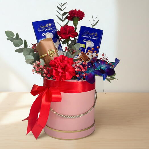 Flowers and Chocolates Gift Set – Carnations, Orchid   Lindt Delight