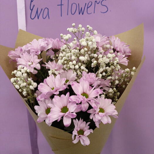 Розовая Ромашка-хризантема с белой гипсафилой