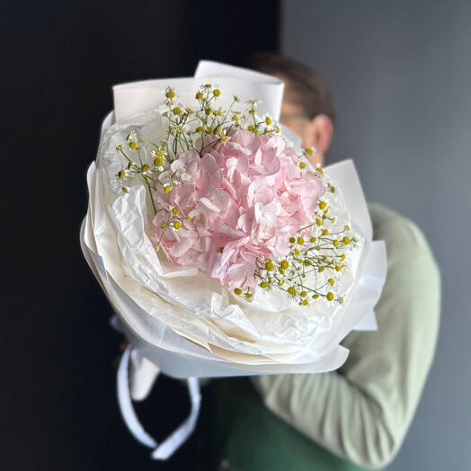 Нежный букет комплимент розовая гортензия и голландская ромашка матрикария/Цветы Магнитогорск/Доставка цветов