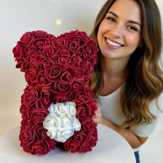 Мишка из роз фоамирана с сердцем — подарочный Rose Bear (спелая вишня)