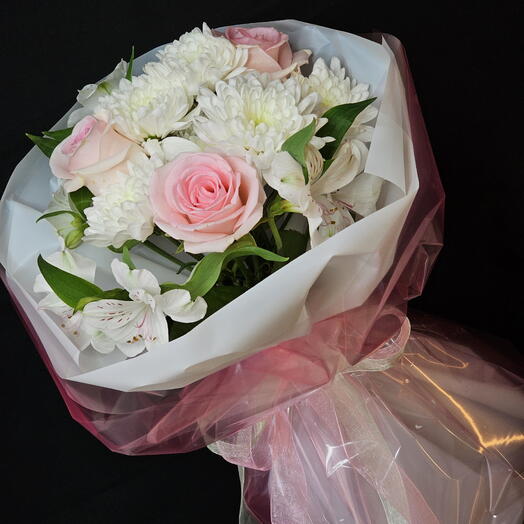 🌸🌿Букетик для настроения, порадовать, комплимент, нежная розовая роза, хризантема кустовая, альстромерия