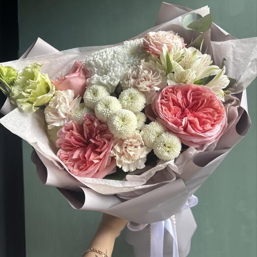 Букет из роз Пинк экспрешн/эустомы/диантуса/хризантемы💕