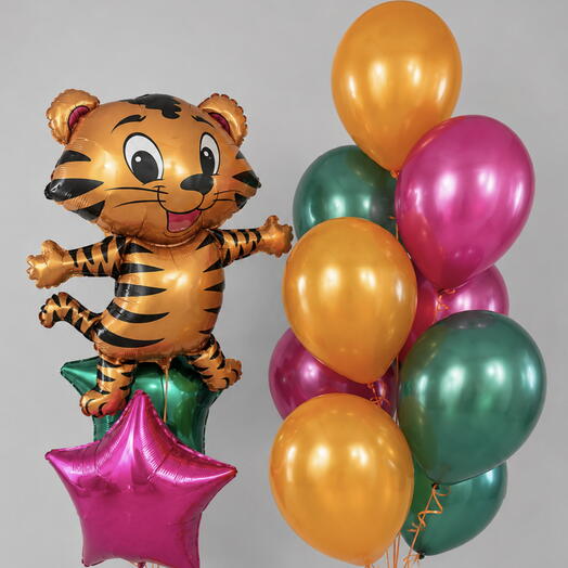 🐯 Набор воздушных шаров «Весёлый тигр» | Тигр на звёздах + яркий фонтан шаров