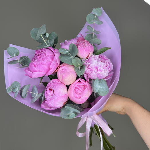 Ароматные пионы 💜 с эвкалиптом | 7 штучек в букете