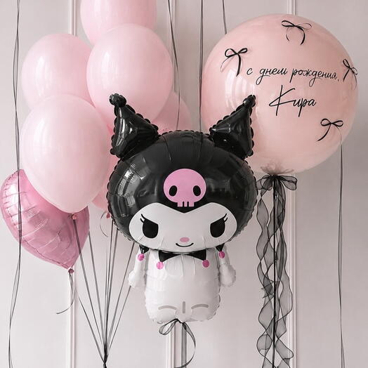 Шары Kuromi на день рождения: фольгированная фигура + розовый фонтан с надписью