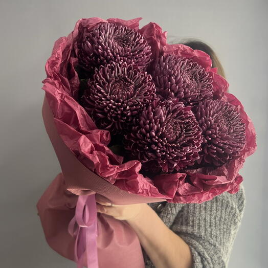Монобукет изысканный 💜 хризантема одиночная Бигуди 💜💜💜 5 шт