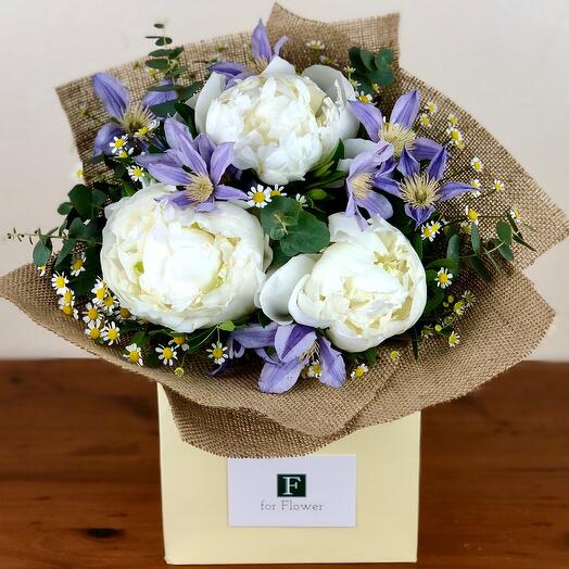 peonies and delphinium bouquet