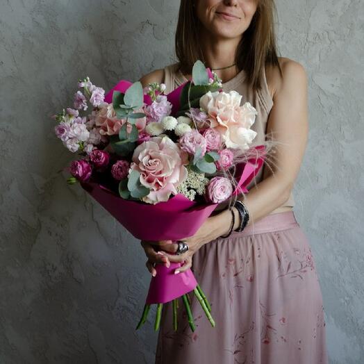 Bouquet of fragrant mattioles, French rose and peony bush rose