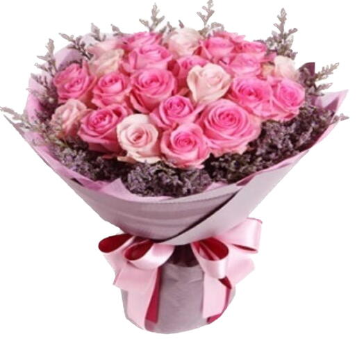 Bloom Burst: 25 Pink Roses (Light   Dark) with Purple Limonium