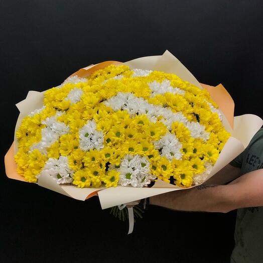 Большой Монобукет из 51 кустовой хризантемы белого и желтого цвета 💛🤍