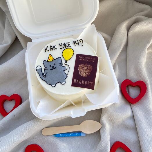 Bento birthday cake with a passport for 14 years for a son for a daughter with a cat