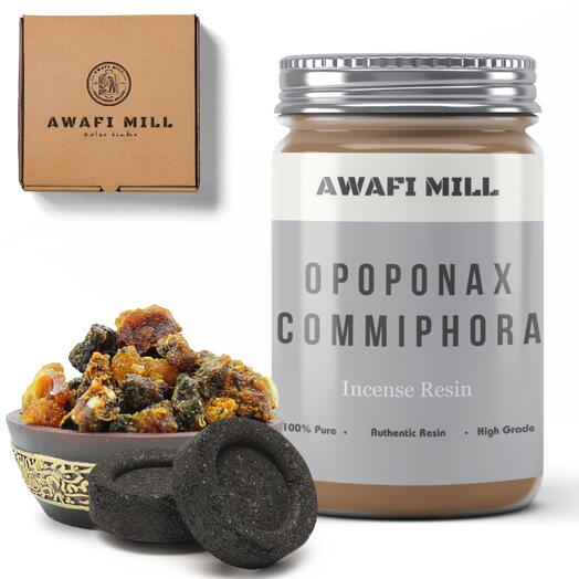 AWAFI MILL Opoponax Resin Incense | Charcoal Tablet - Bottle of 100 Gram with 20 Charcoal Piece