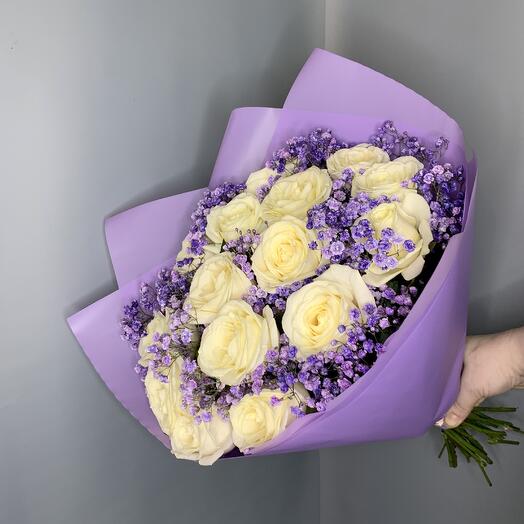 Розы Белые и лавандовая Гипсофила