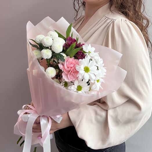 A delicate bouquet is a compliment with bush chrysanthemum and alstroemeria.