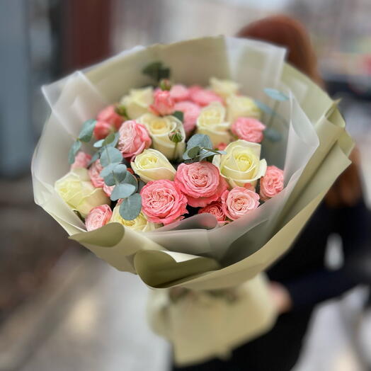 Bouquet of bush roses and eucalyptus