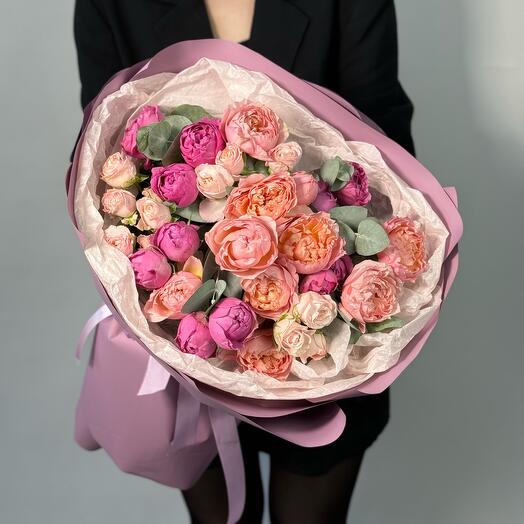 Mix of peony-like roses with eucalyptus