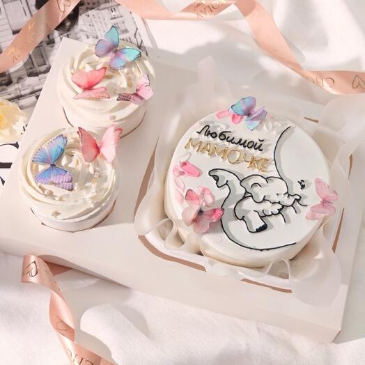 Набор бенто торт и 2 капкейка-тортика в стаканчике с бабочками для мамы, жены, крёстной мамы, на день рождения, день матери