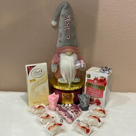 Caja de regalo plateada y rosa con té