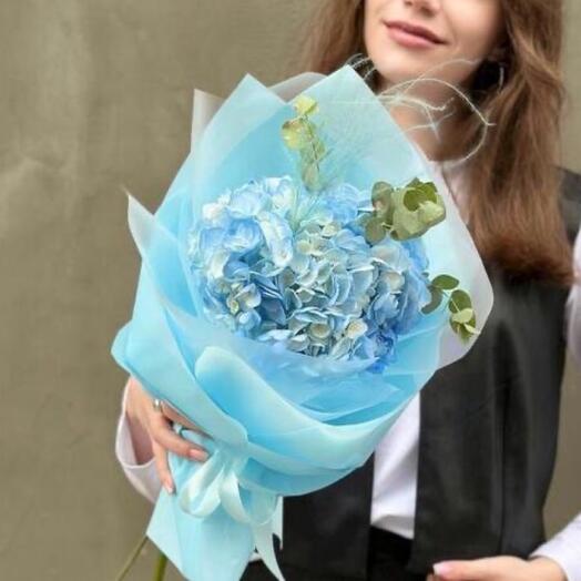 Bouquet of blue hydrangea and eucalyptus