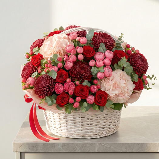 Корзина букета из хризантем, гортензий, роз, спрей роз и эвкалипта