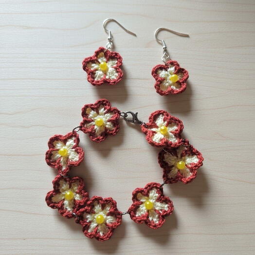 Micro-crochet flower bracelet in garnet and yellow and earrings
