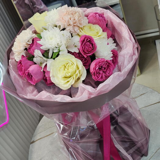 🌱 "Милая моя "🌸 авторский букет Любимой, розовых роз, белых роз, альстромерия, букет роз, кустовых роз, хризантем, дофаминовый
