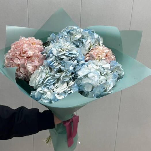 Букет из 7 гортензий 💐 нежный микс в дизайнерской упаковке