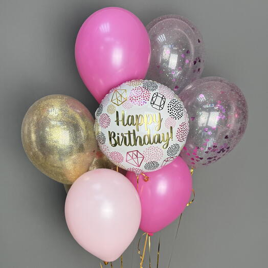 Шары на день рождения для девушки в розовых тонах, Happy Birthday, 13 шт
