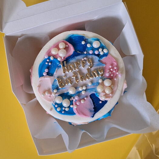 Бенто-торт Happy Birthday в розово-голубых цветах и в золоте